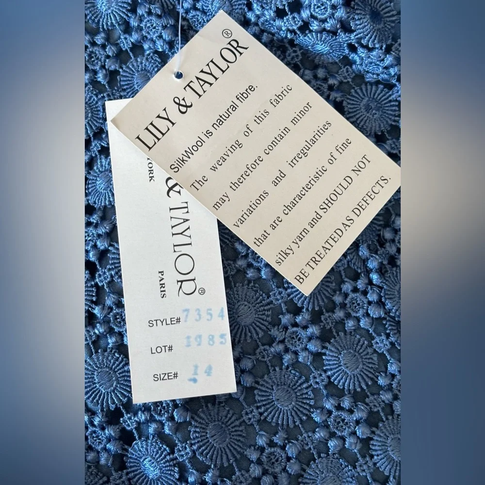 Lily & Taylor Blue Silk Wool 2pc Skirt Suit w/Floral Rosette Lace Brocade NWT 14 - Picture 13 of 16